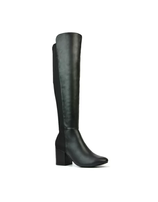 Falcon Mid Block Heel Elasticated High Heel Knee High Boots in Black Synthetic Leather - Image 3