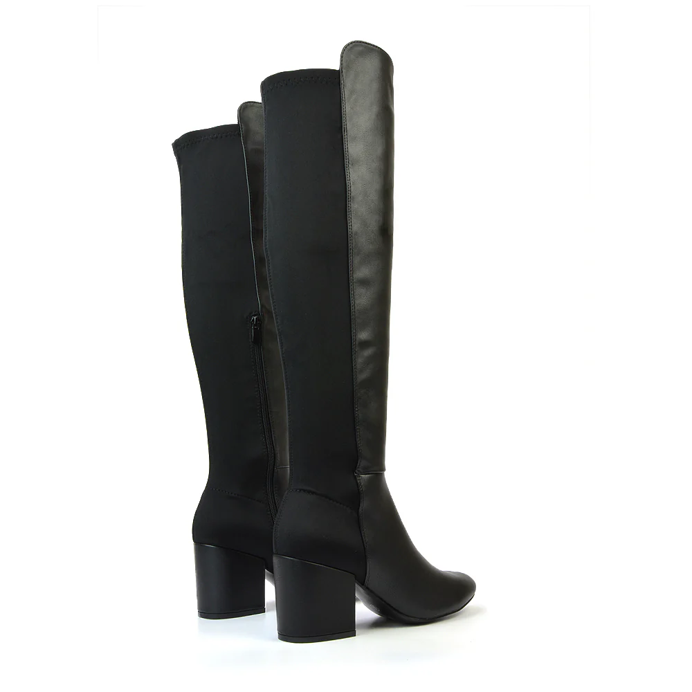 Falcon Mid Block Heel Elasticated High Heel Knee High Boots in Black Synthetic Leather - Image 32