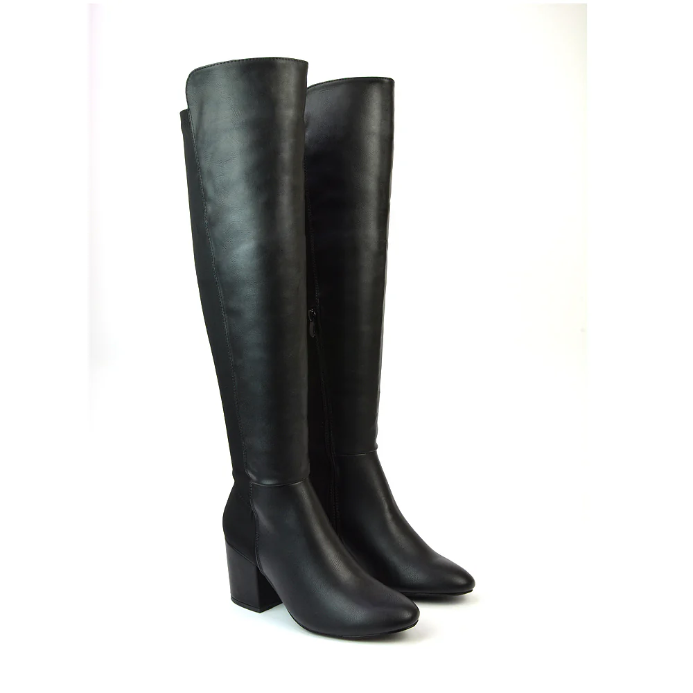 Falcon Mid Block Heel Elasticated High Heel Knee High Boots in Black Synthetic Leather - Image 36
