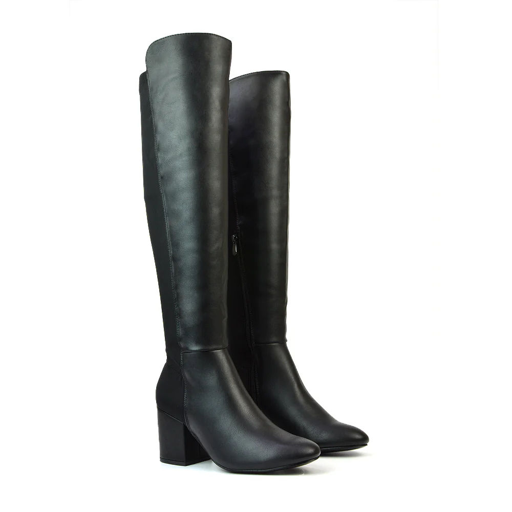 Falcon Mid Block Heel Elasticated High Heel Knee High Boots in Black Synthetic Leather - Image 37
