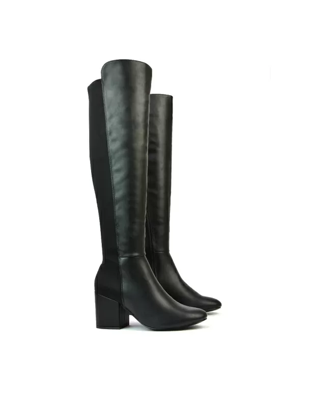 Falcon Mid Block Heel Elasticated High Heel Knee High Boots in Black Synthetic Leather - Image 4