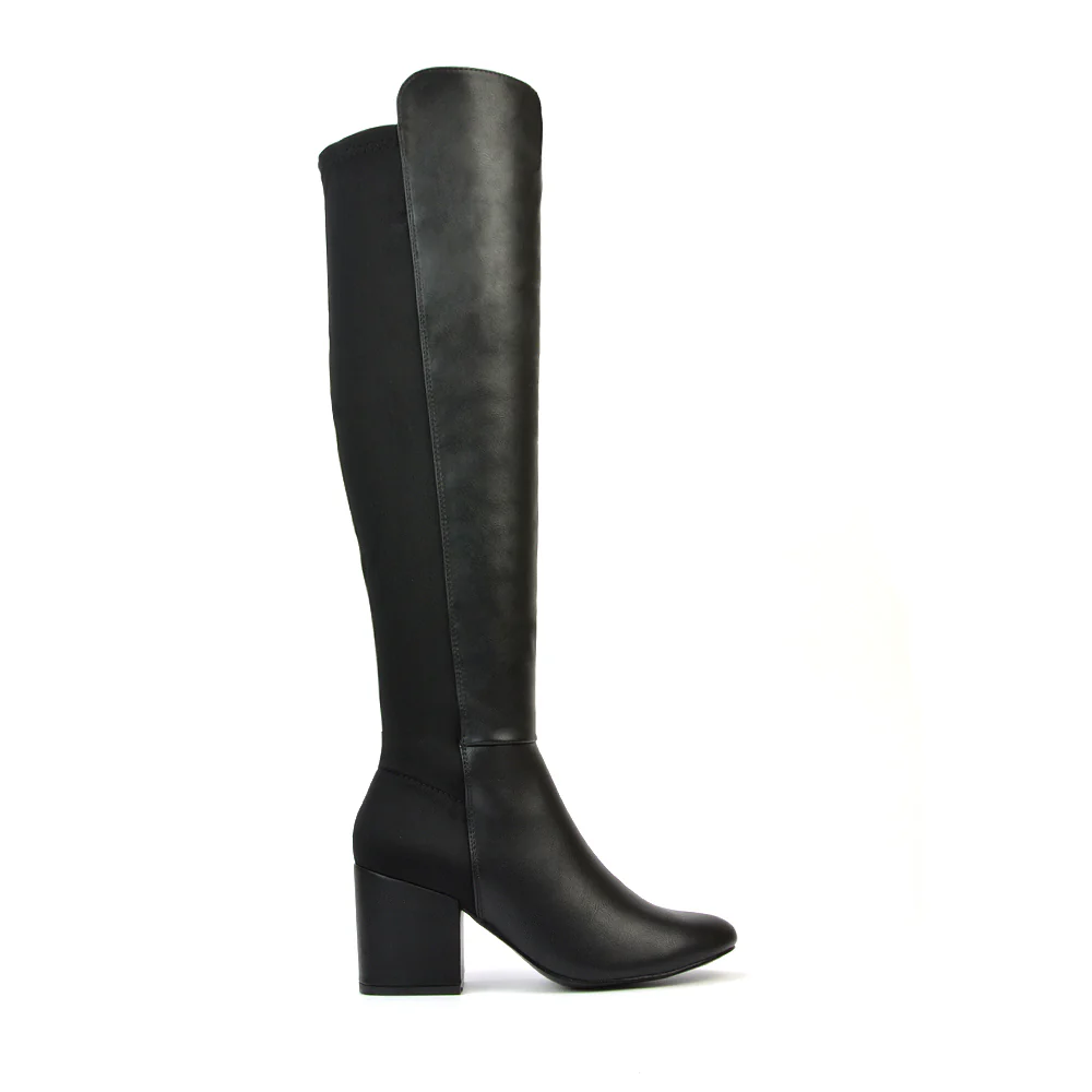 Falcon Mid Block Heel Elasticated High Heel Knee High Boots in Black Synthetic Leather - Image 41