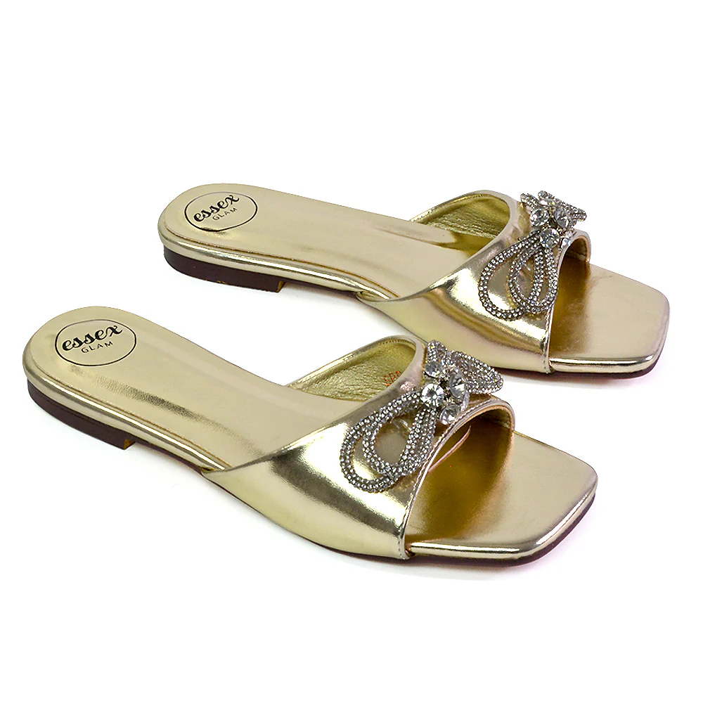 Farah Diamante Bow Square Toe Slip on Flat Summer Sandal Sliders in Gold - Image 14