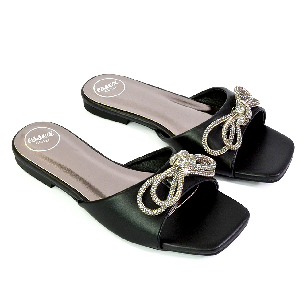 Farah Diamante Bow Square Toe Slip on Flat Summer Sandal Sliders in Silver - Image 19