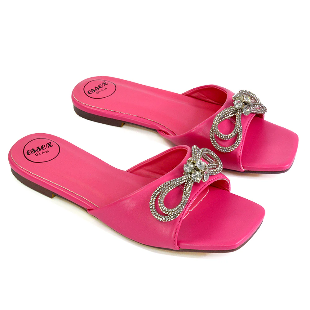 Farah Diamante Bow Square Toe Slip on Flat Summer Sandal Sliders in Silver - Image 3