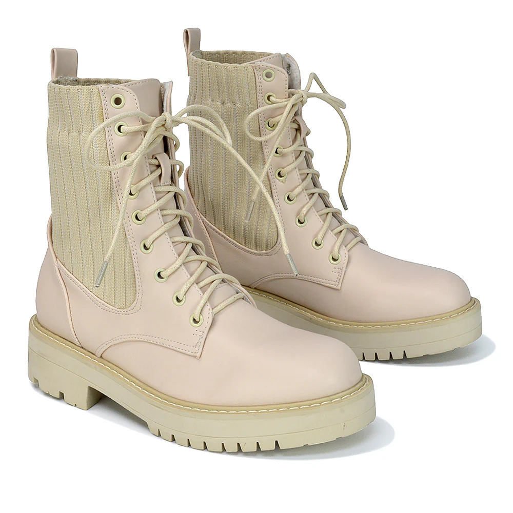 Fawn Lace up Flat Biker Ankle Combat Winter Boots in Black Synthetic Leather - Image 46