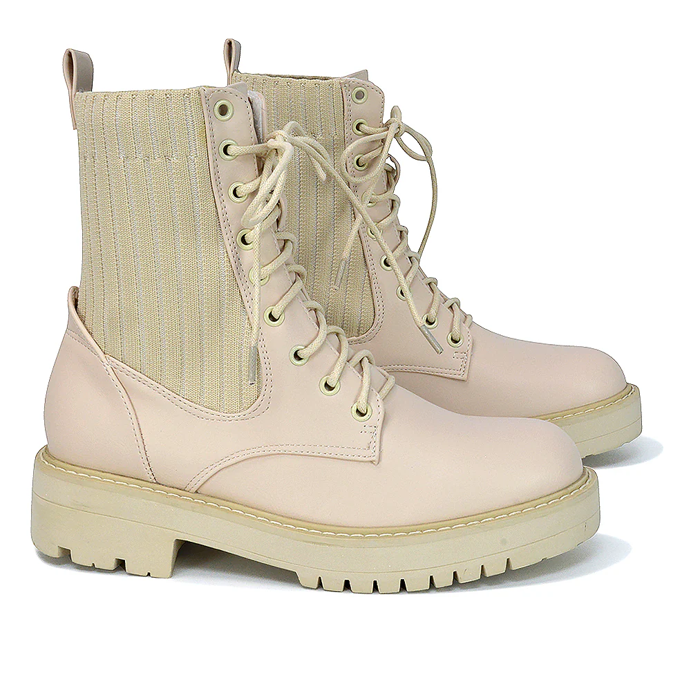 Fawn Lace up Flat Biker Ankle Combat Winter Boots in Stone Synthetic Leather - Image 4
