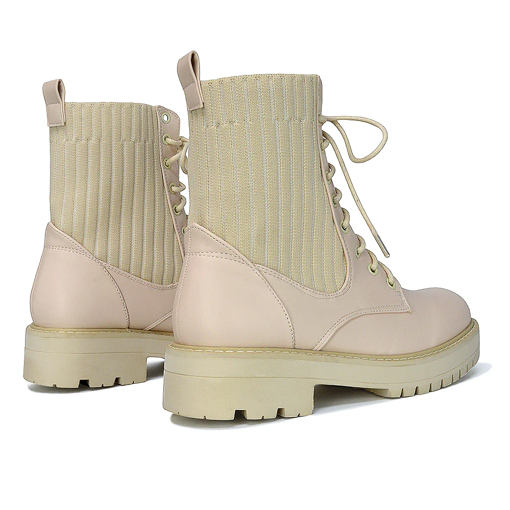 Fawn Lace up Flat Biker Ankle Combat Winter Boots in Stone Synthetic Leather - Image 58