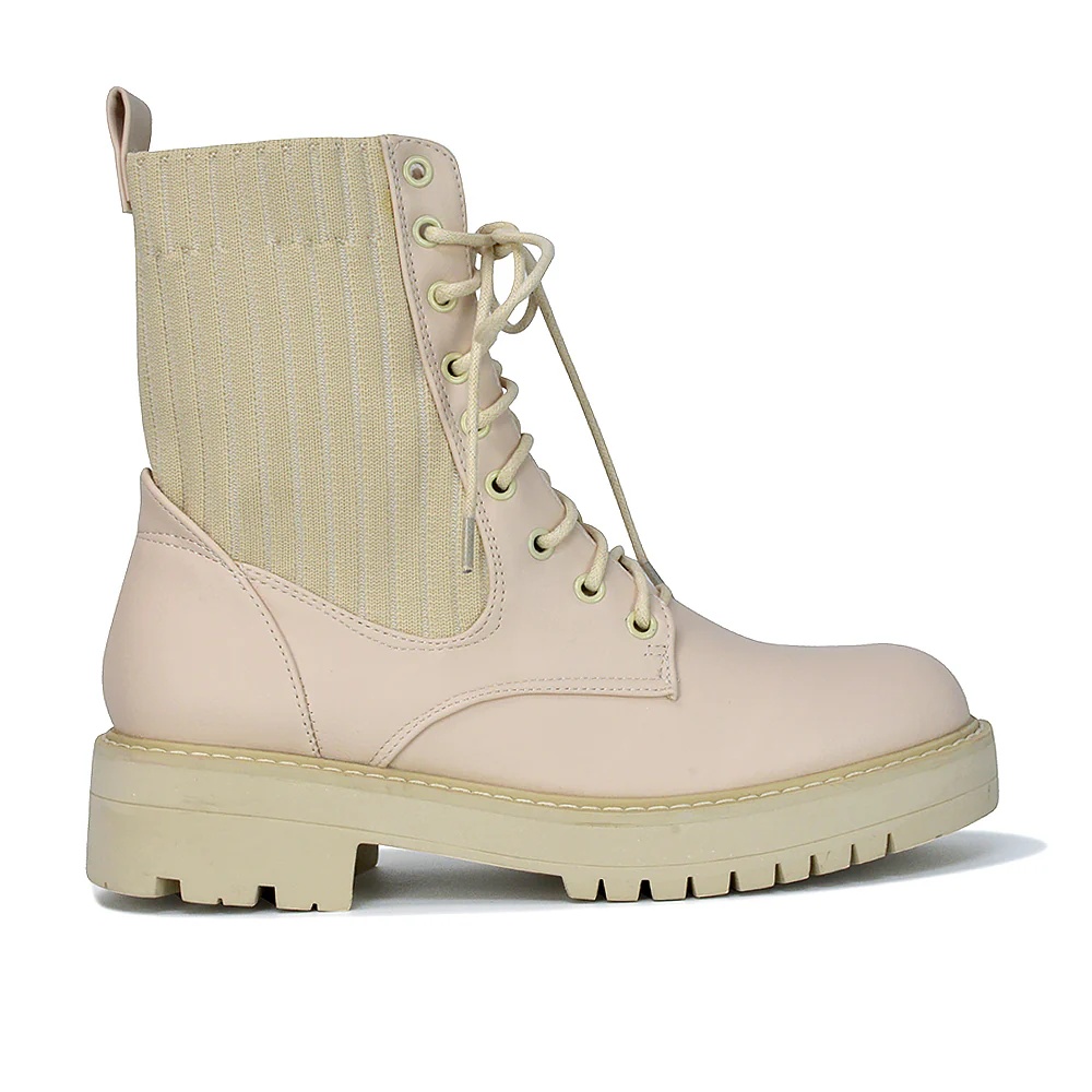 Fawn Lace up Flat Biker Ankle Combat Winter Boots in Stone Synthetic Leather - Image 59
