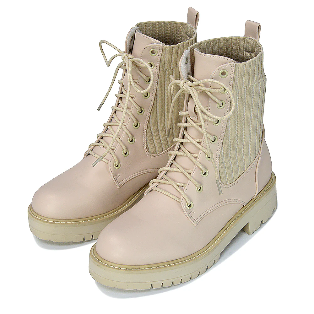 Fawn Lace up Flat Biker Ankle Combat Winter Boots in Stone Synthetic Leather - Image 66