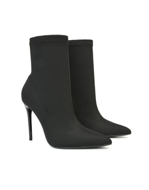 Felix Pointed Toe Stretchy Sock Ankle Boots With Stiletto Heel in Black Lycra - Image 4