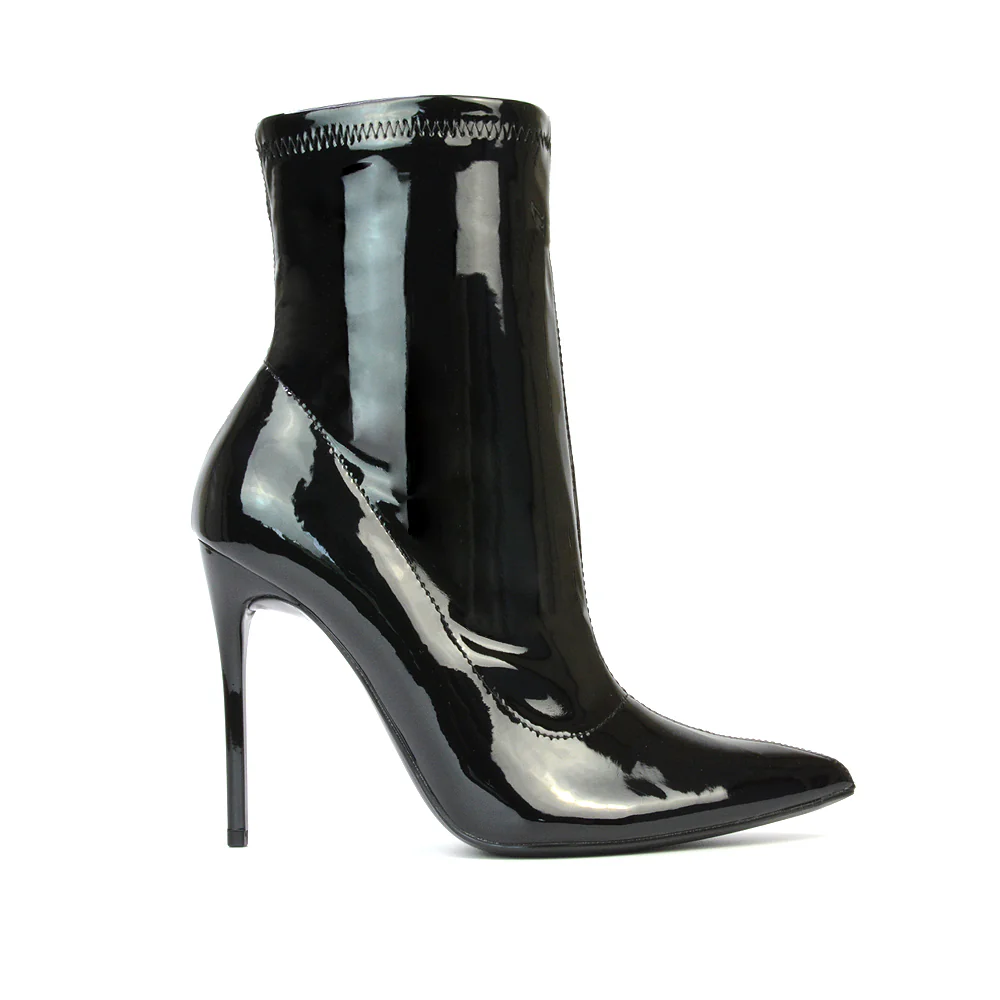Felix Pointed Toe Stretchy Sock Ankle Boots With Stiletto Heel in Black Lycra - Image 40