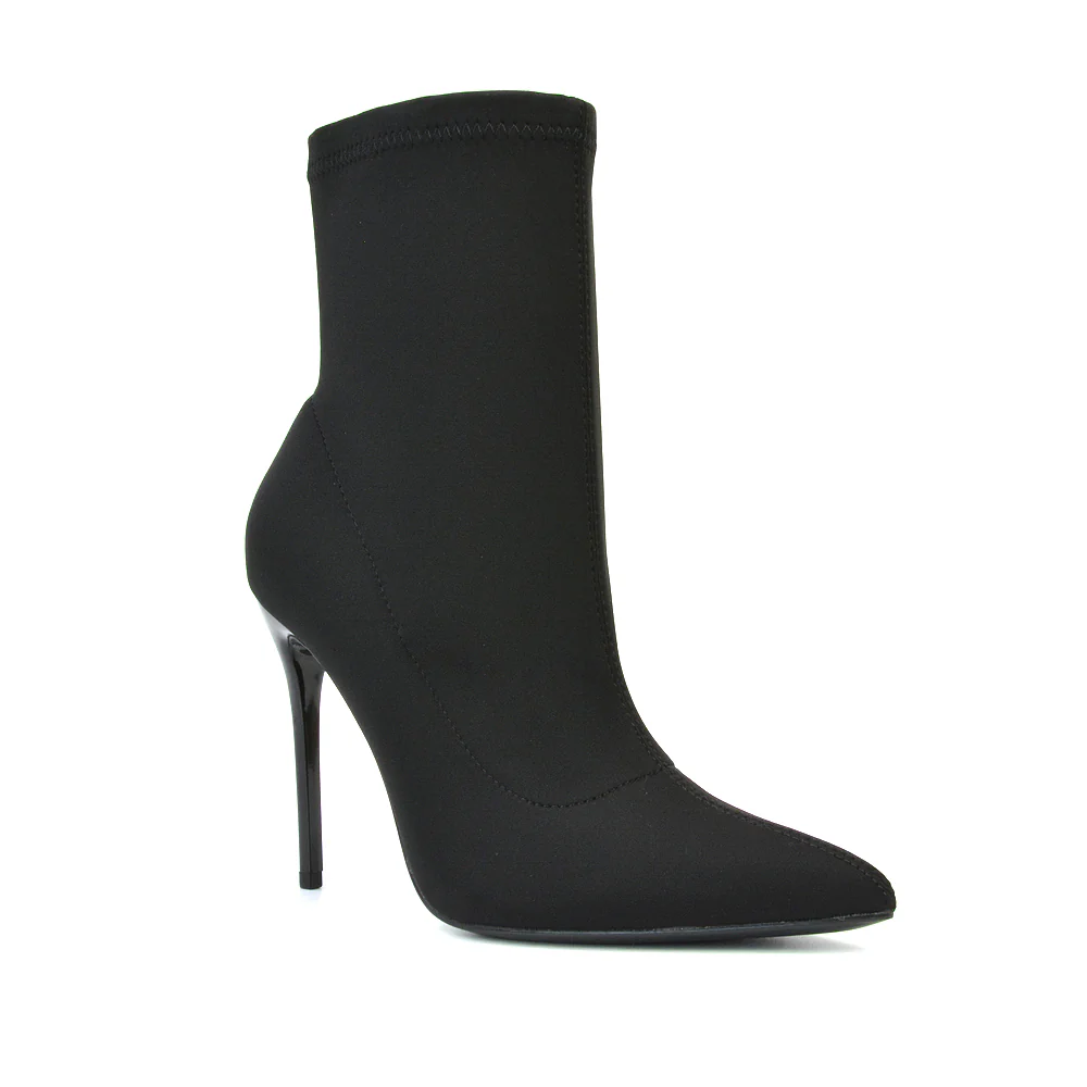 Felix Pointed Toe Stretchy Sock Ankle Boots With Stiletto Heel in Black Lycra - Image 5