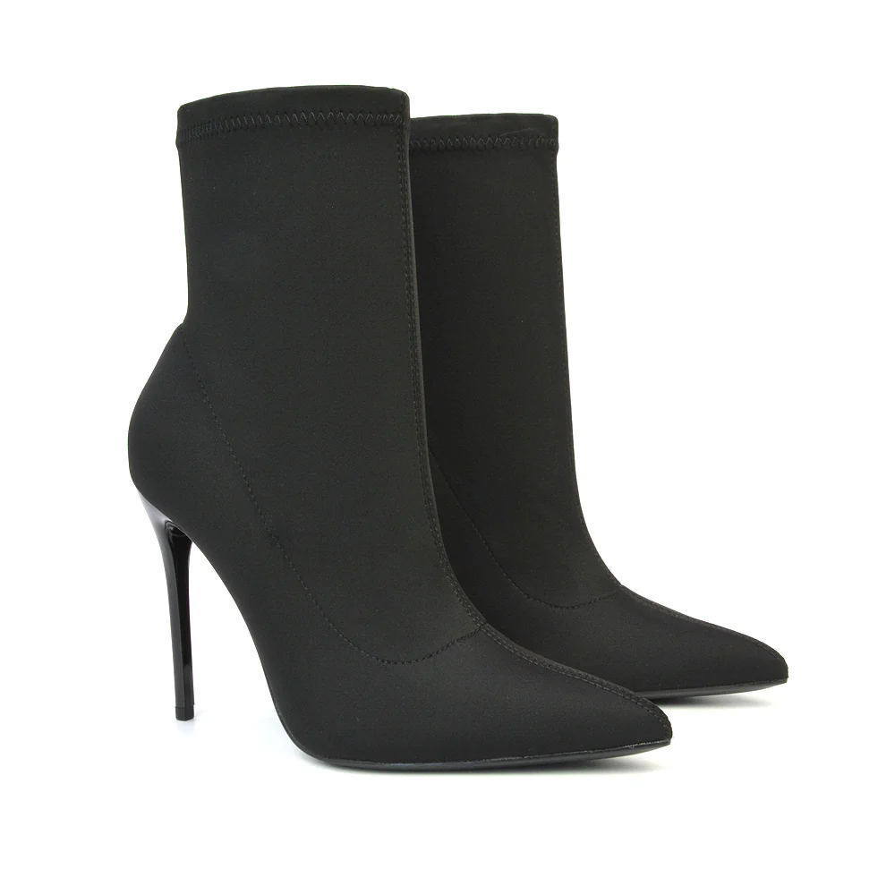 Felix Pointed Toe Stretchy Sock Ankle Boots With Stiletto Heel in Black Lycra - Image 72