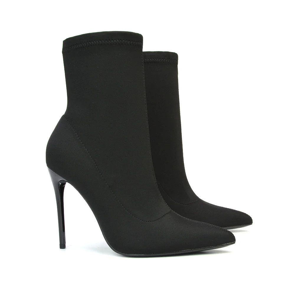 Felix Pointed Toe Stretchy Sock Ankle Boots With Stiletto Heel in Black Lycra - Image 76