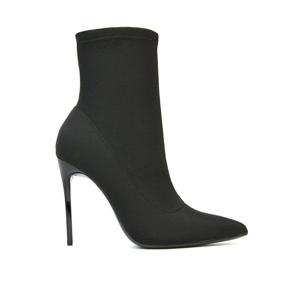 Felix Pointed Toe Stretchy Sock Ankle Boots With Stiletto Heel in Black Lycra - Image 79