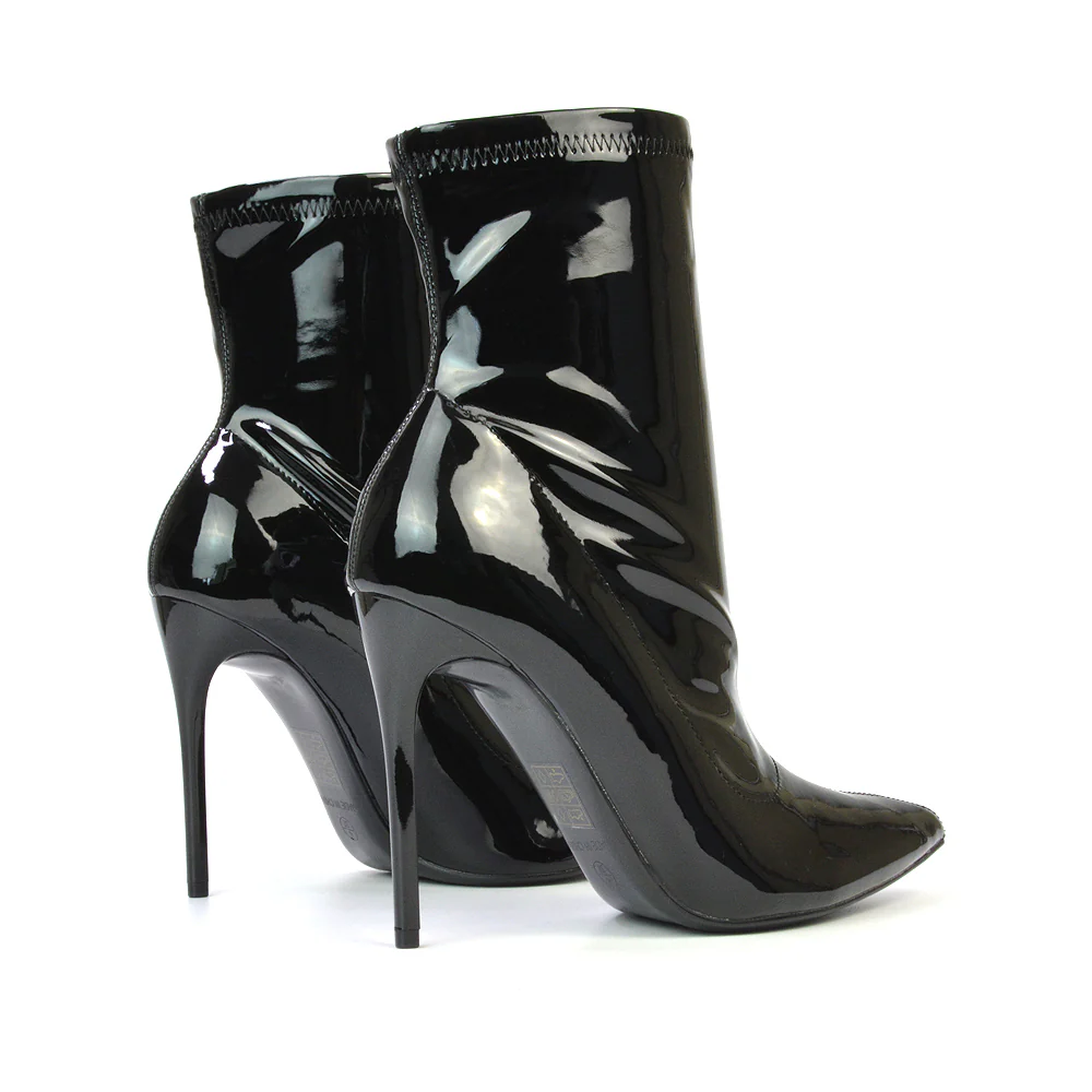 Felix Pointed Toe Stretchy Sock Ankle Boots With Stiletto Heel in Black Patent - Image 42