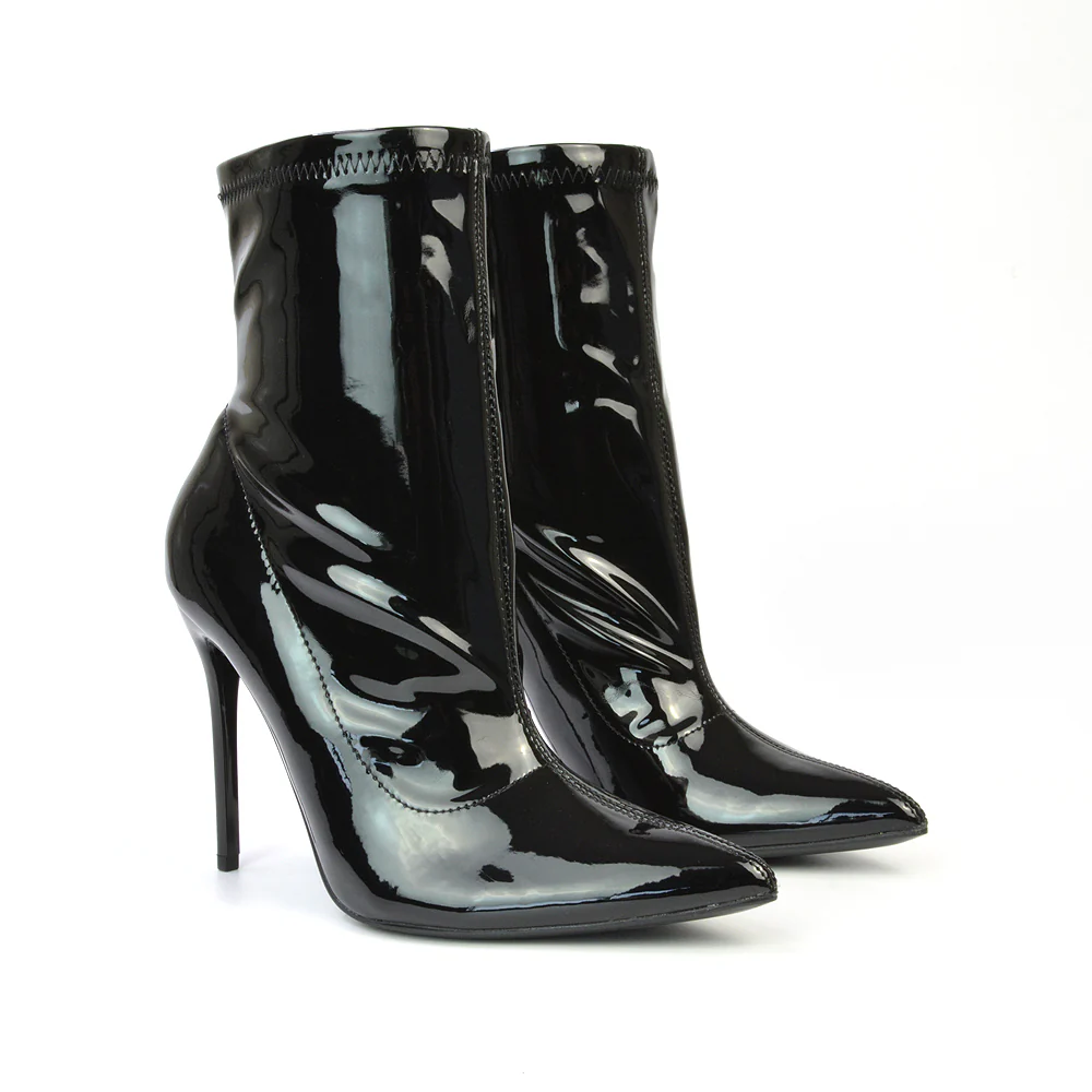 Felix Pointed Toe Stretchy Sock Ankle Boots With Stiletto Heel in Black Patent - Image 62