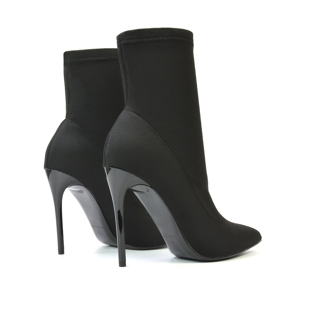 Felix Pointed Toe Stretchy Sock Ankle Boots With Stiletto Heel in Nude - Image 85