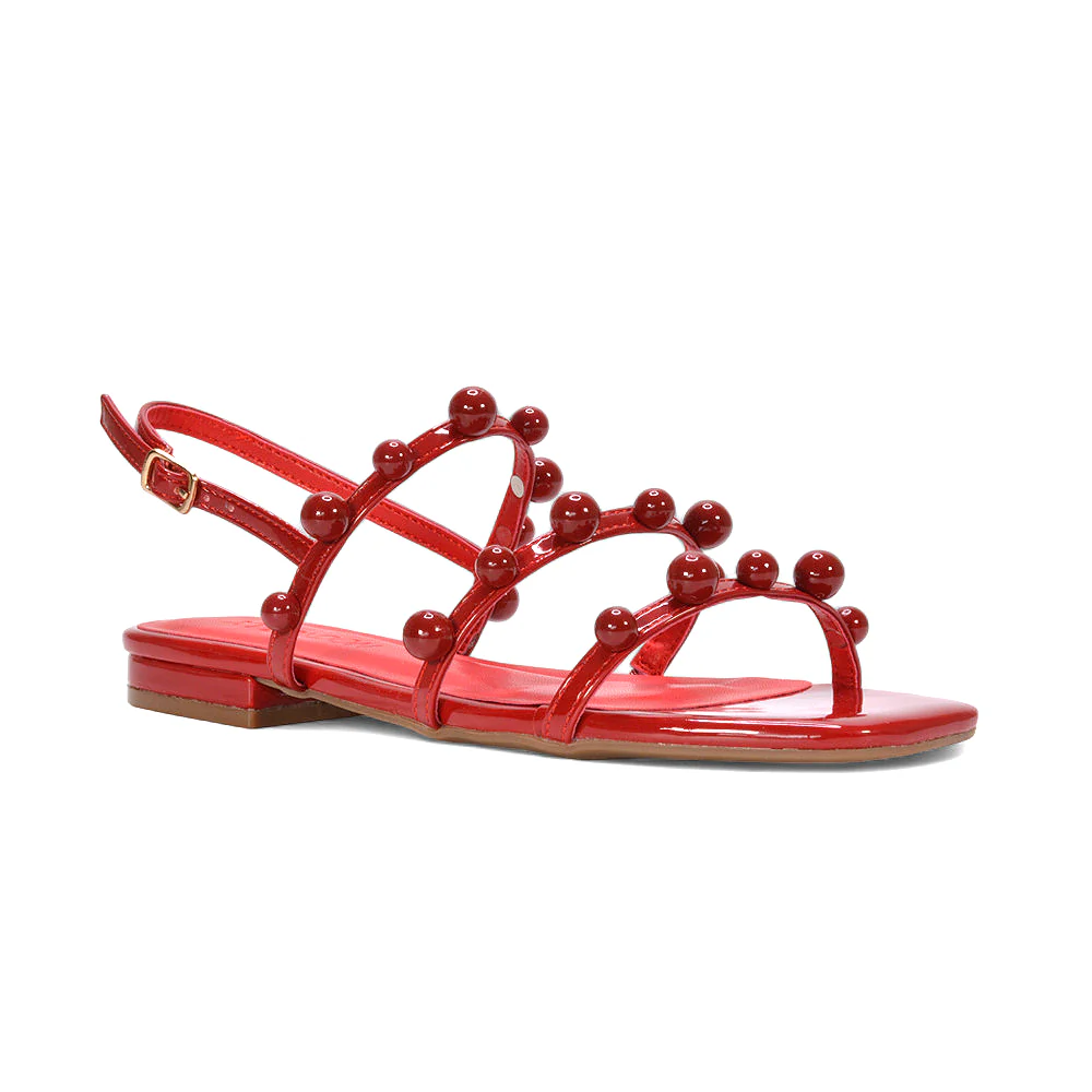 Fern Strappy Women's Slingback Flat Sandals with Square Open Toe in Cherry Red Patent - Image 3