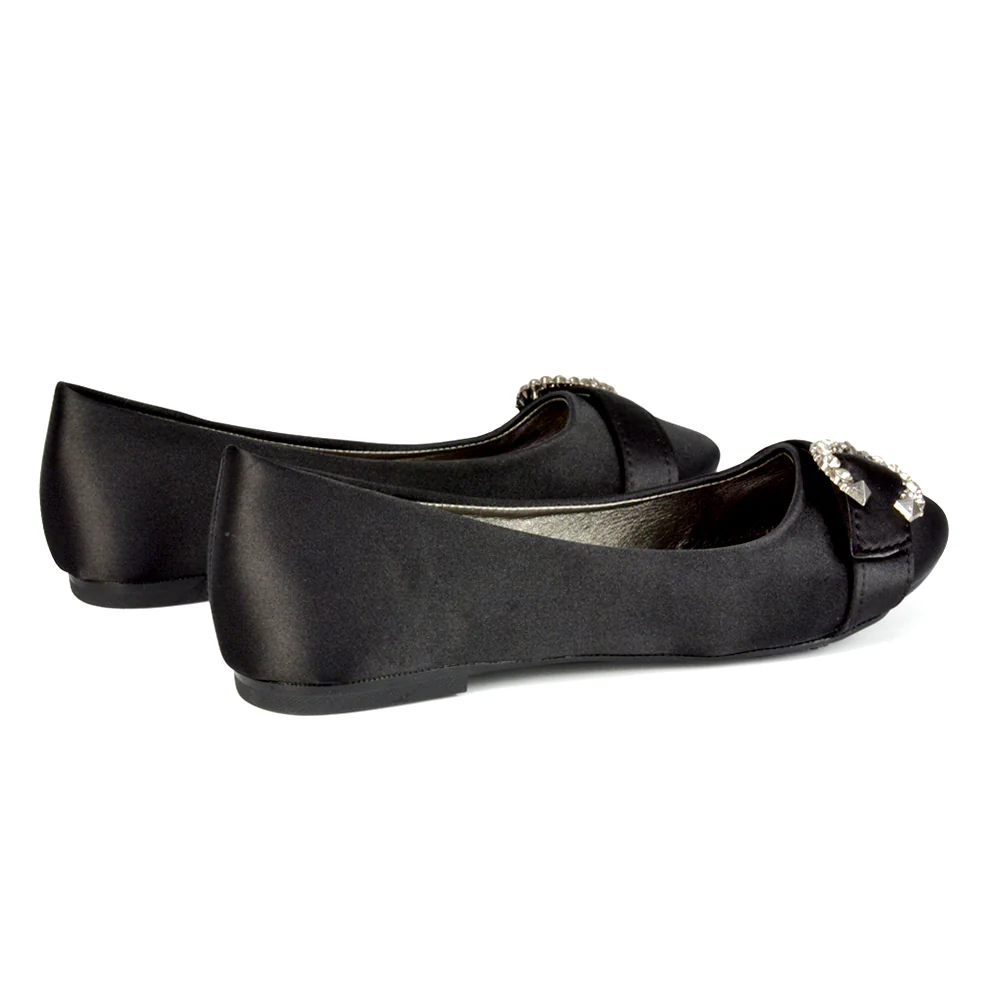 Ferne Diamante Broach Detail Flat Ballerina Bridal Pump Shoes in Black Satin - Image 125