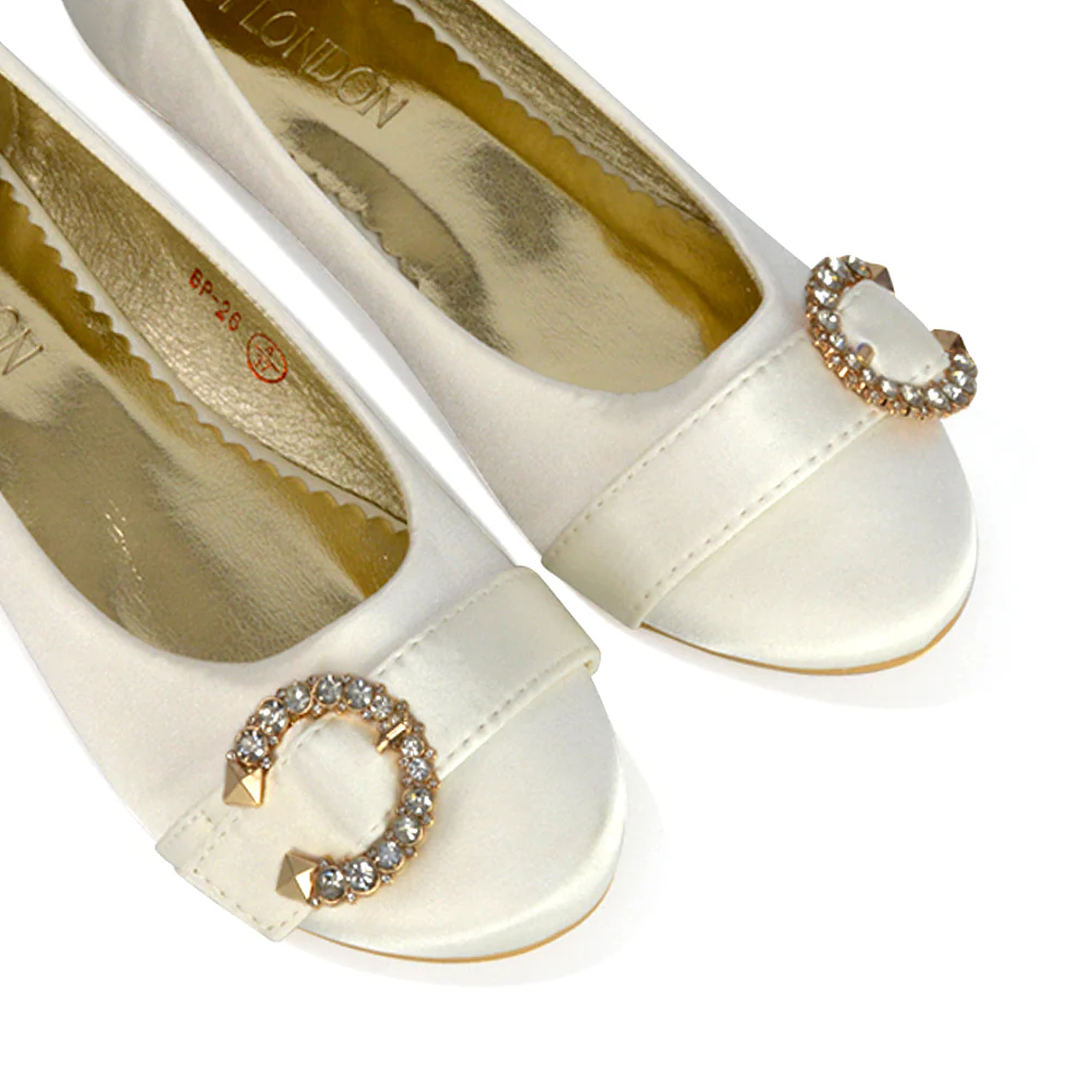 Ferne Diamante Broach Detail Flat Ballerina Bridal Pump Shoes in Ivory Satin - Image 2