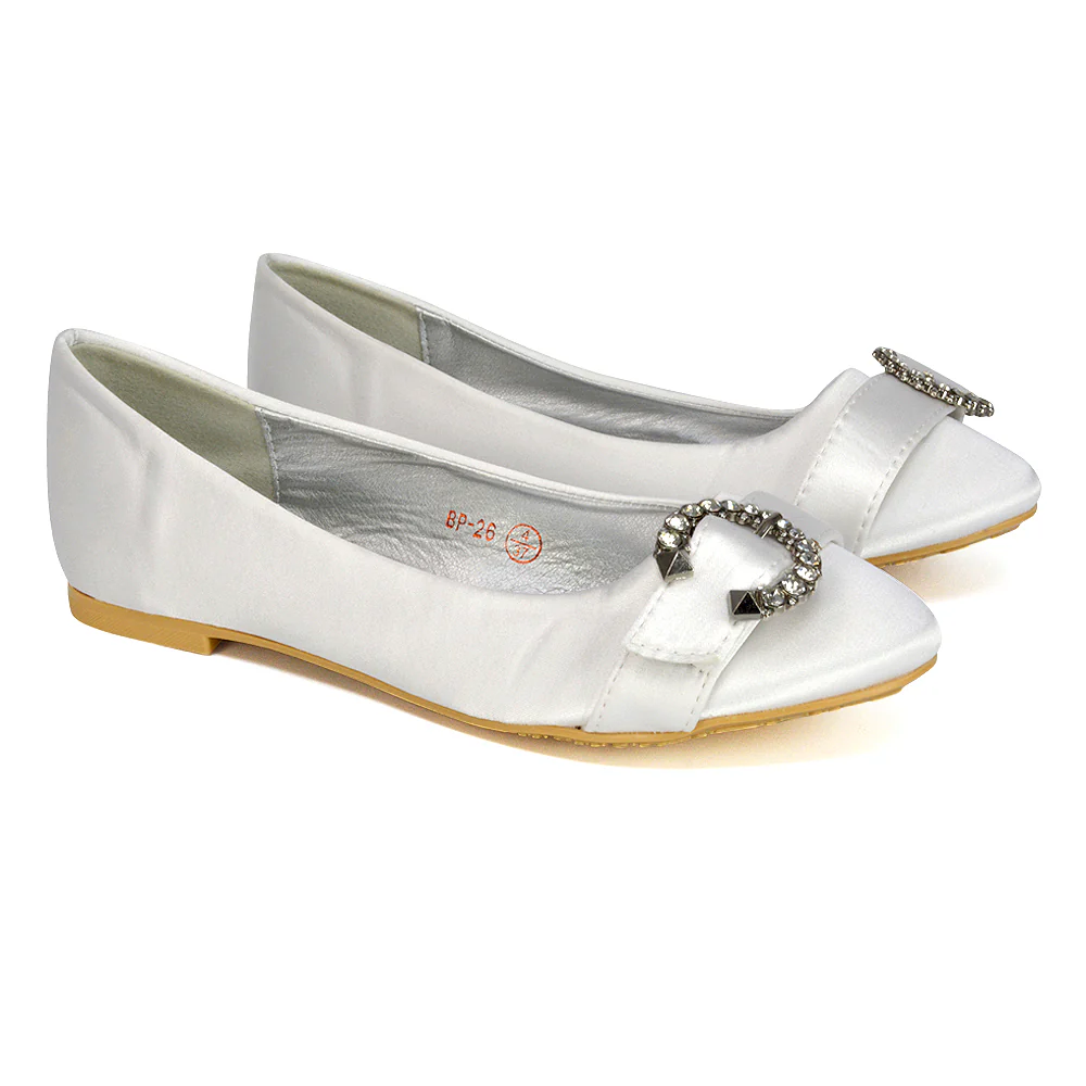 Ferne Diamante Broach Detail Flat Ballerina Bridal Pump Shoes in Ivory Satin - Image 20