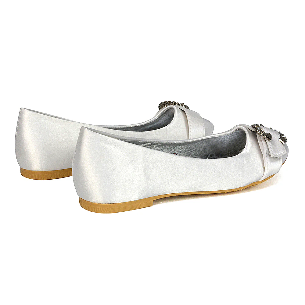 Ferne Diamante Broach Detail Flat Ballerina Bridal Pump Shoes in Silver Satin - Image 19