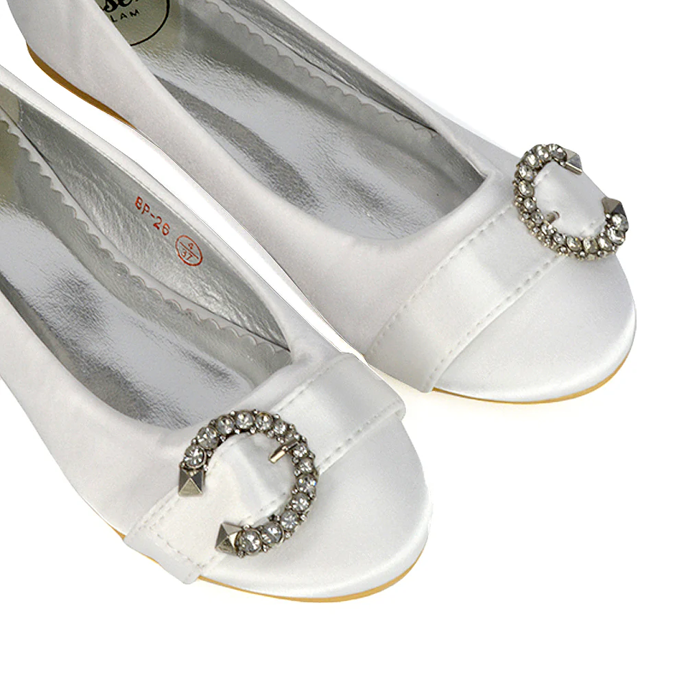 Ferne Diamante Broach Detail Flat Ballerina Bridal Pump Shoes in Silver Satin - Image 22