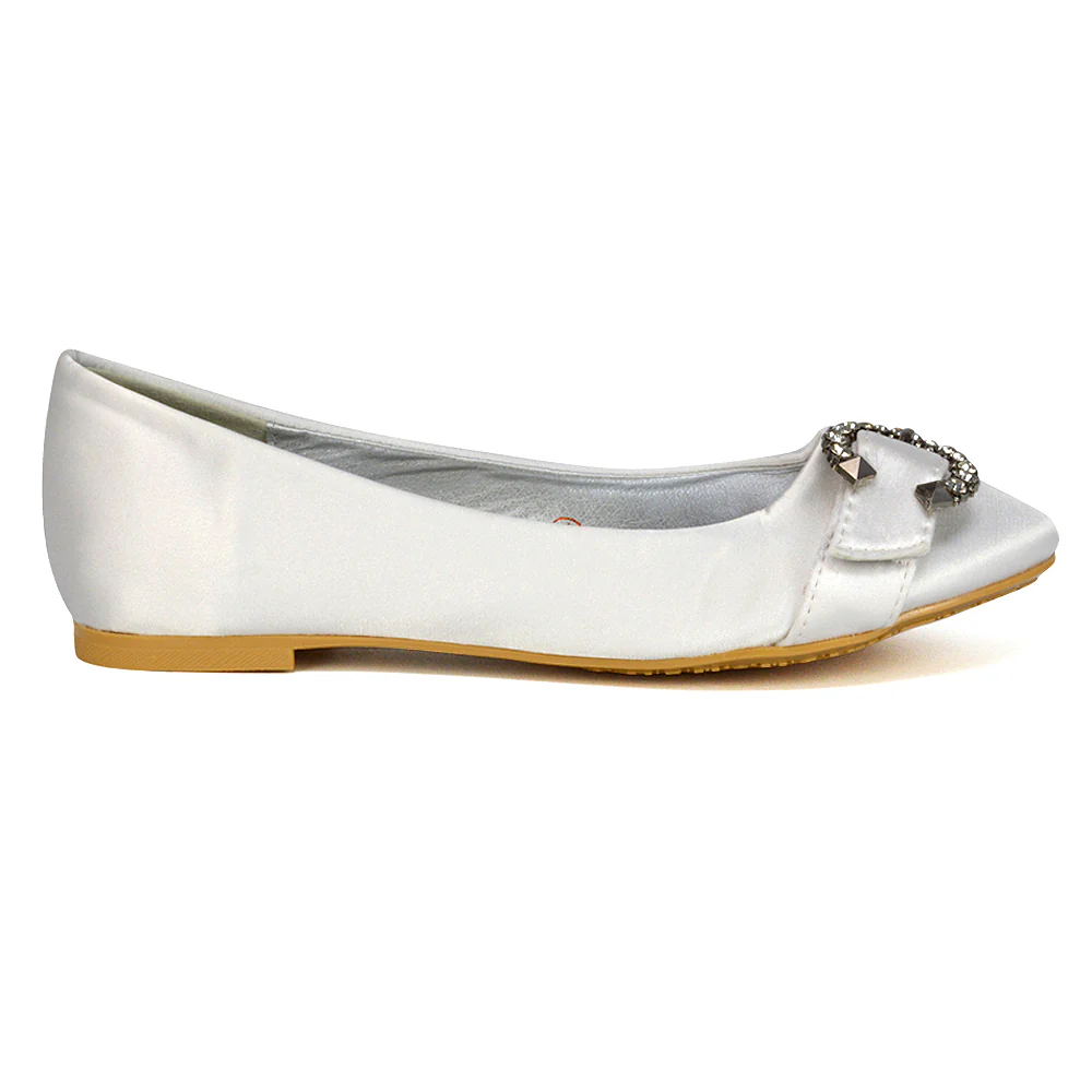 Ferne Diamante Broach Detail Flat Ballerina Bridal Pump Shoes in Silver Satin - Image 28