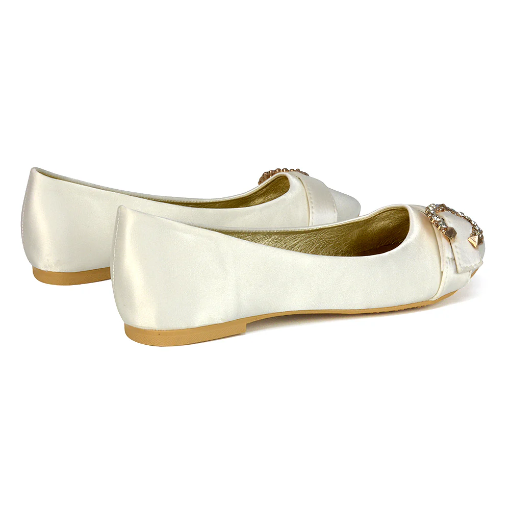 Ferne Diamante Broach Detail Flat Ballerina Bridal Pump Shoes in Silver Satin - Image 49