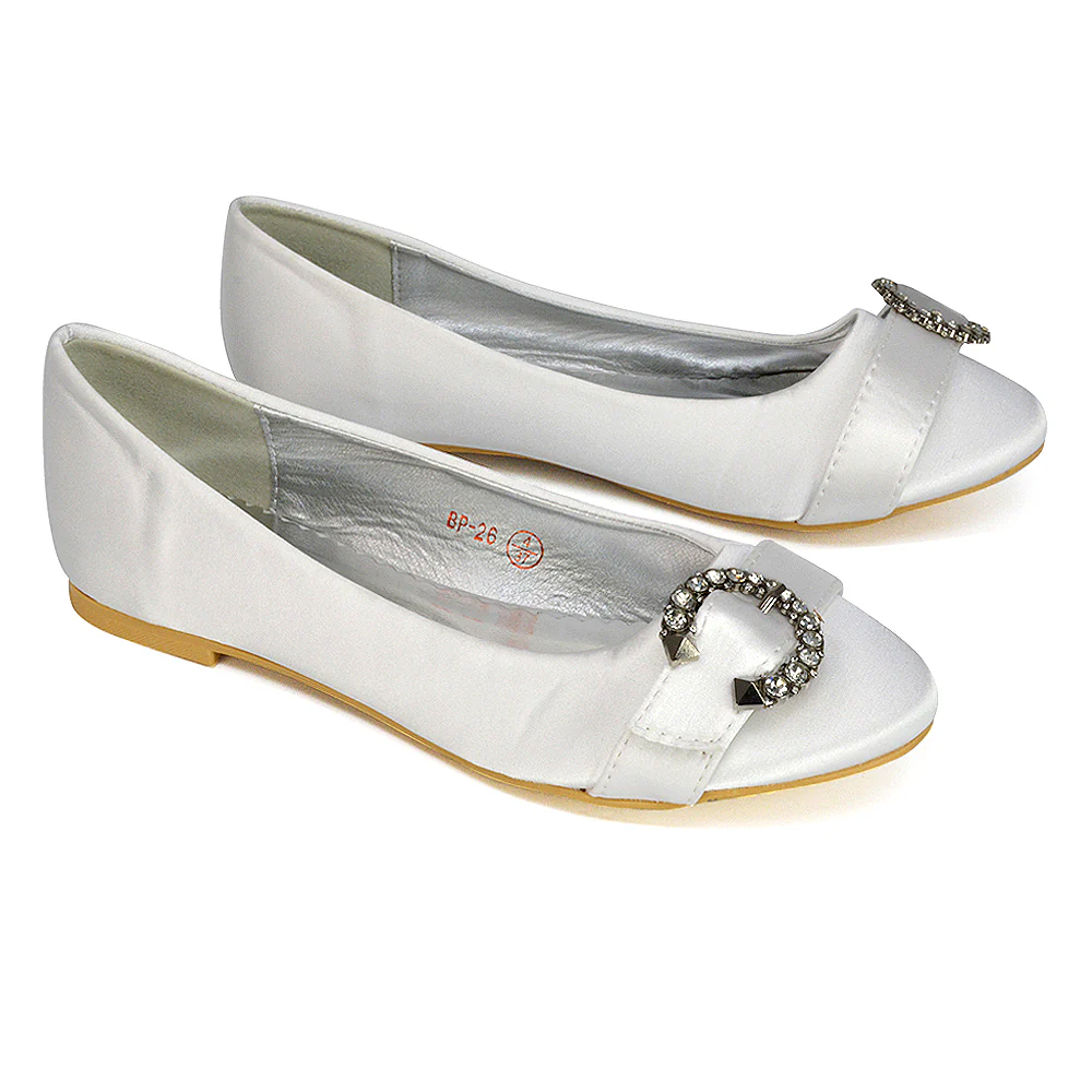 Ferne Diamante Broach Detail Flat Ballerina Bridal Pump Shoes in Silver Satin - Image 6