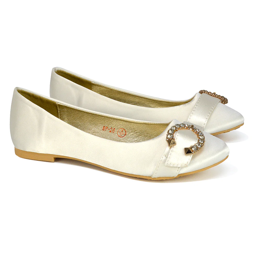 Ferne Diamante Broach Detail Flat Ballerina Bridal Pump Shoes in Silver Satin - Image 65