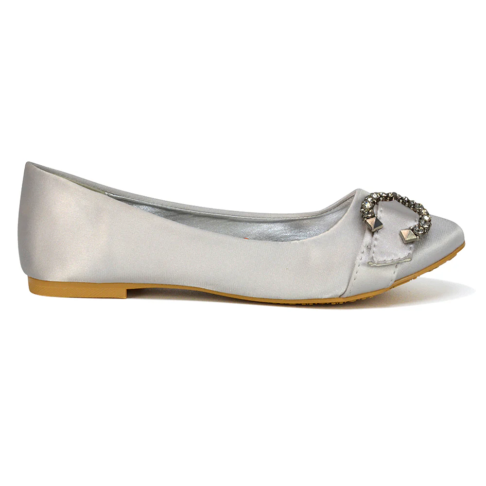 Ferne Diamante Broach Detail Flat Ballerina Bridal Pump Shoes in Silver Satin - Image 68