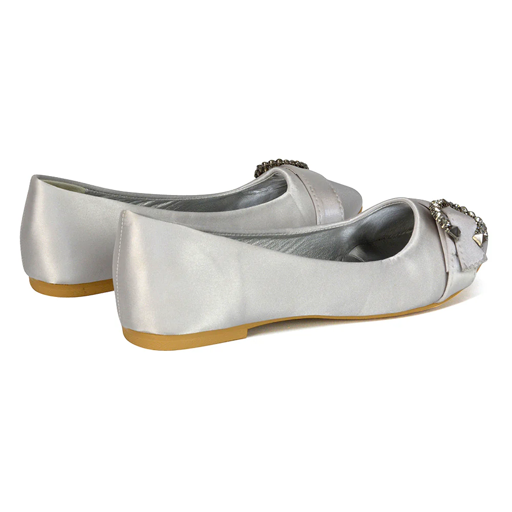 Ferne Diamante Broach Detail Flat Ballerina Bridal Pump Shoes in Silver Satin - Image 79