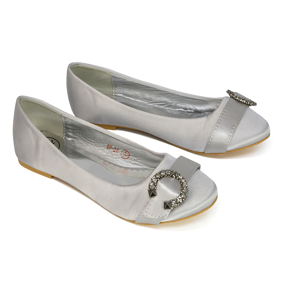 Ferne Diamante Broach Detail Flat Ballerina Bridal Pump Shoes in Silver Satin - Image 86