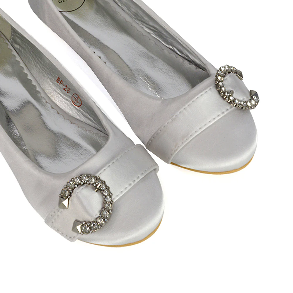 Ferne Diamante Broach Detail Flat Ballerina Bridal Pump Shoes in Silver Satin - Image 92