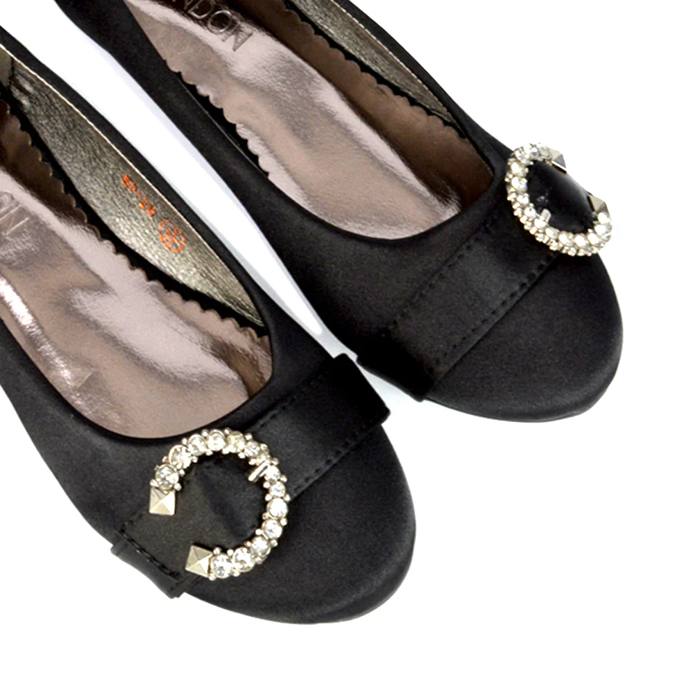 Ferne Diamante Broach Detail Flat Ballerina Bridal Pump Shoes in Silver Satin - Image 97