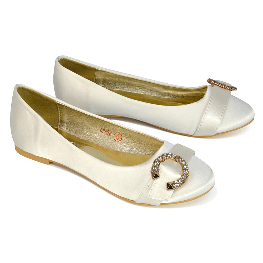 Ferne Diamante Broach Detail Flat Ballerina Bridal Pump Shoes in White Satin - Image 46