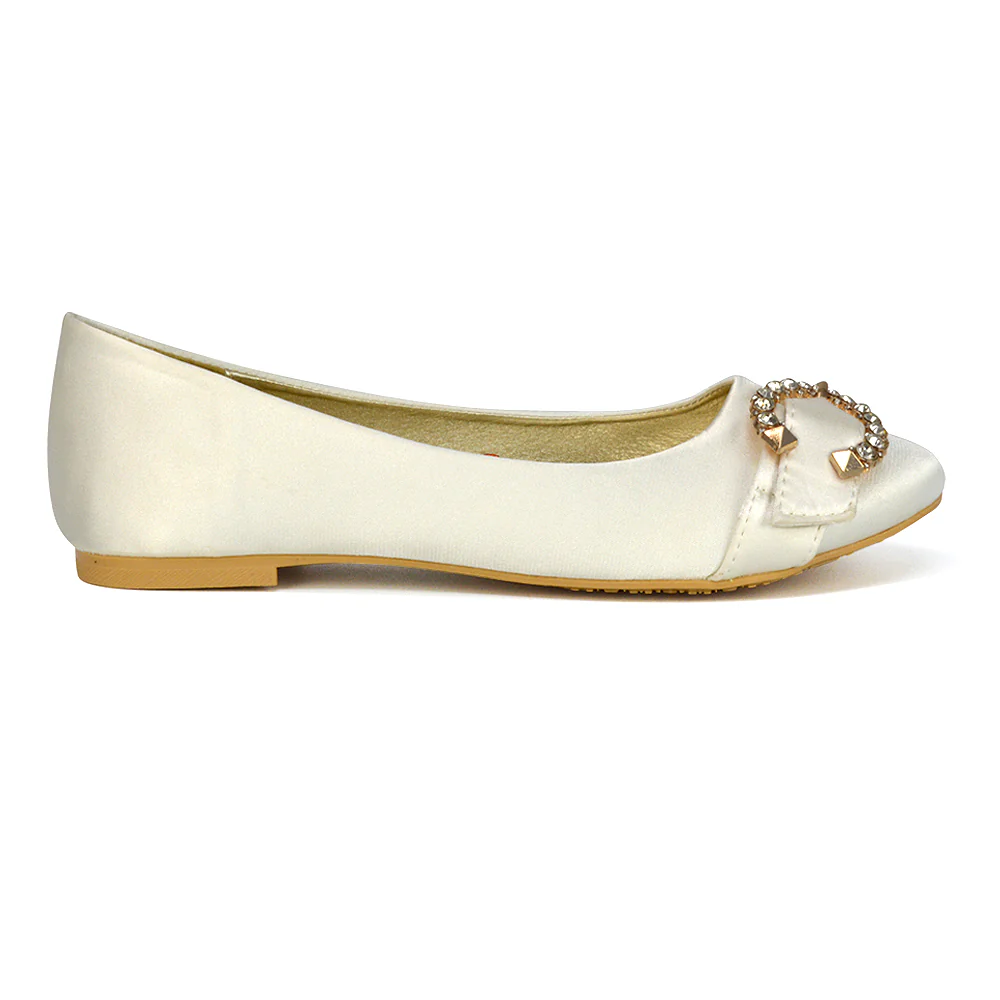 Ferne Diamante Broach Detail Flat Ballerina Bridal Pump Shoes in White Satin - Image 48