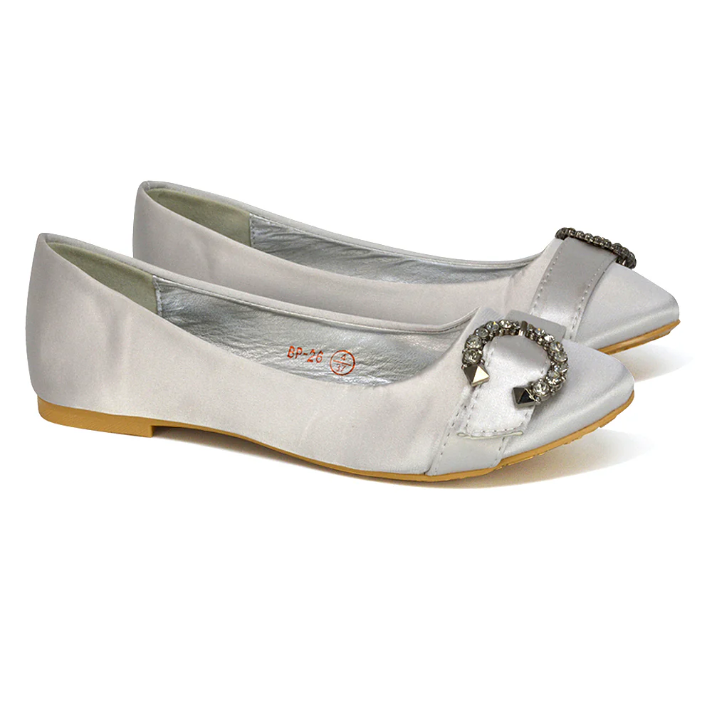 Ferne Diamante Broach Detail Flat Ballerina Bridal Pump Shoes in White Satin - Image 95