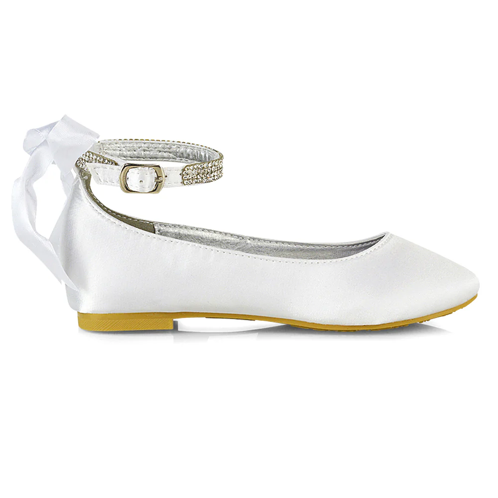 Fifi Bow Detail Embellished Sparkly Ankle Strap Diamante Flat Ballerina Pumps In Ivory Satin - Image 17