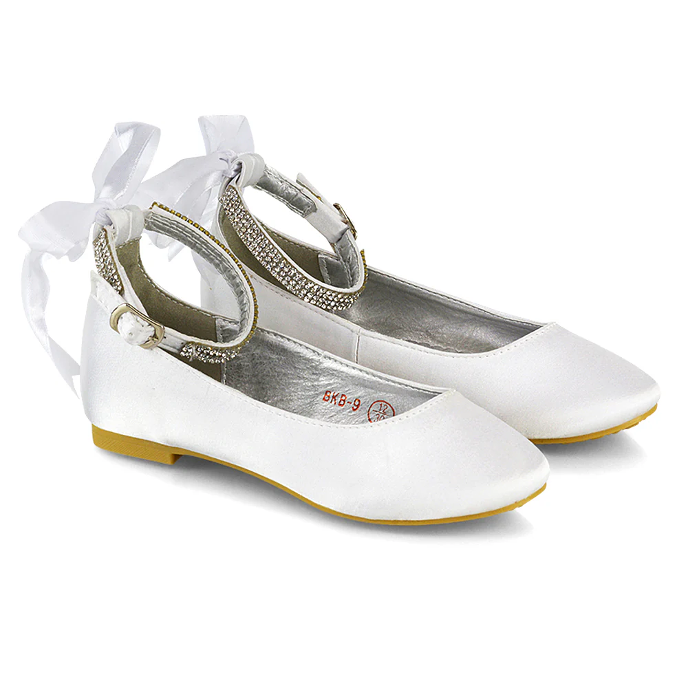Fifi Bow Detail Embellished Sparkly Ankle Strap Diamante Flat Ballerina Pumps In White Satin - Image 11