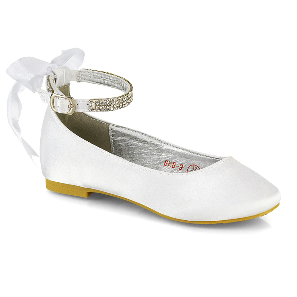 Fifi Bow Detail Embellished Sparkly Ankle Strap Diamante Flat Ballerina Pumps In White Satin - Image 14
