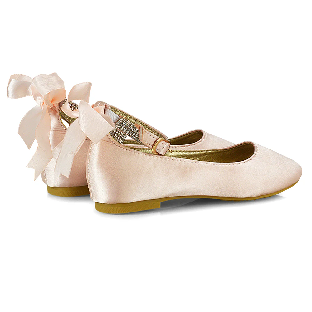 Fifi Bow Detail Embellished Sparkly Ankle Strap Diamante Flat Ballerina Pumps In White Satin - Image 32