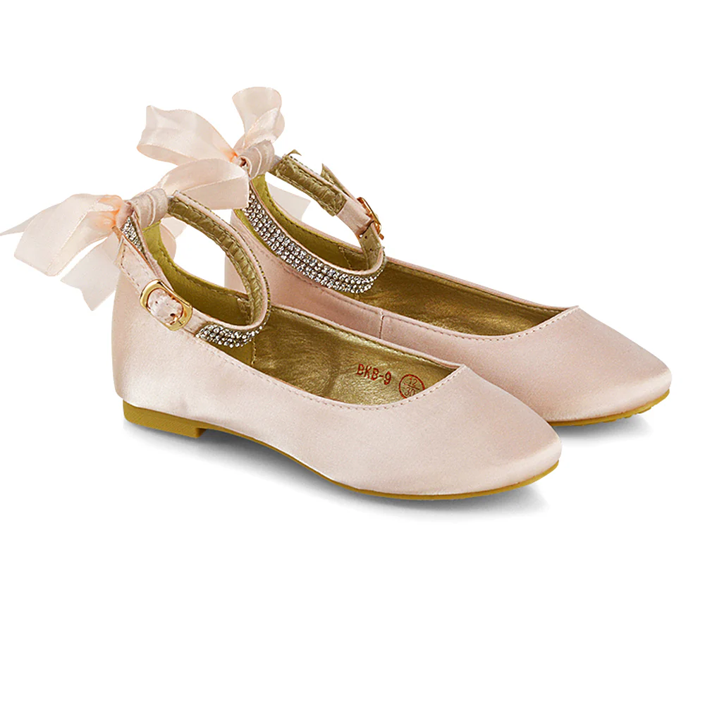 Fifi Bow Detail Embellished Sparkly Ankle Strap Diamante Flat Ballerina Pumps In White Satin - Image 51
