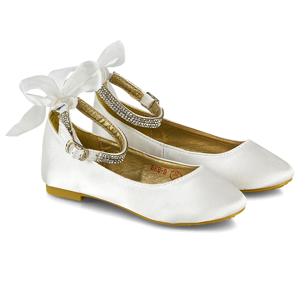 Fifi Bow Detail Embellished Sparkly Ankle Strap Diamante Flat Ballerina Pumps In White Satin - Image 59