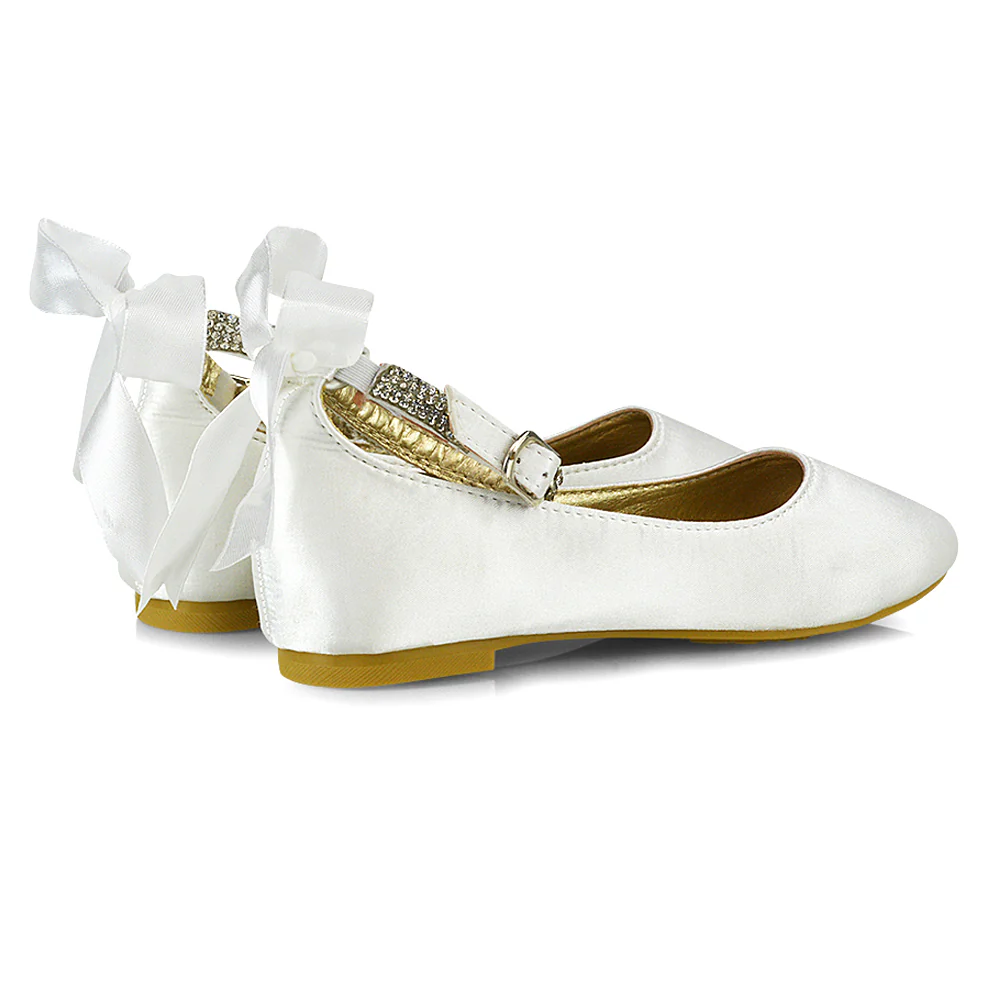 Fifi Bow Detail Embellished Sparkly Ankle Strap Diamante Flat Ballerina Pumps In White Satin - Image 60