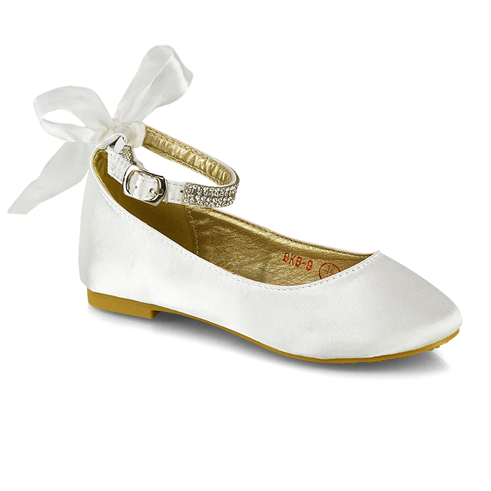Fifi Bow Detail Embellished Sparkly Ankle Strap Diamante Flat Ballerina Pumps In White Satin - Image 62