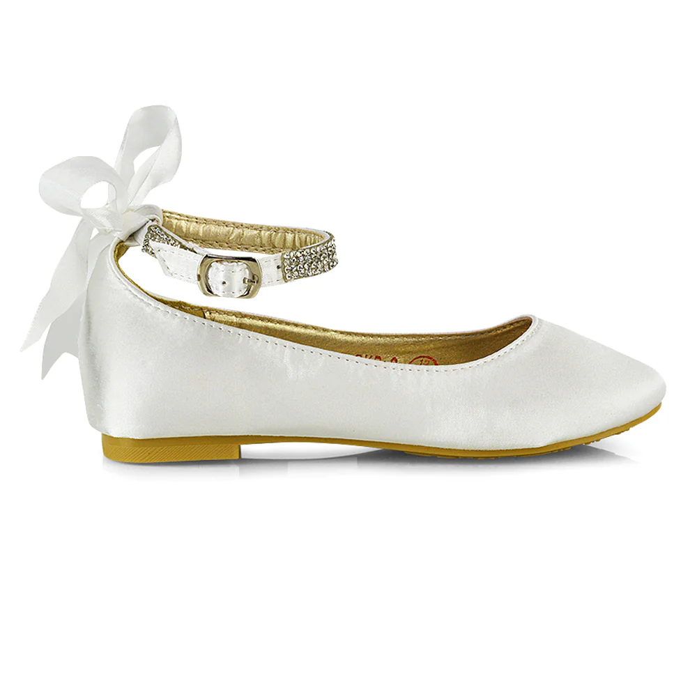 Fifi Bow Detail Embellished Sparkly Ankle Strap Diamante Flat Ballerina Pumps In White Satin - Image 65